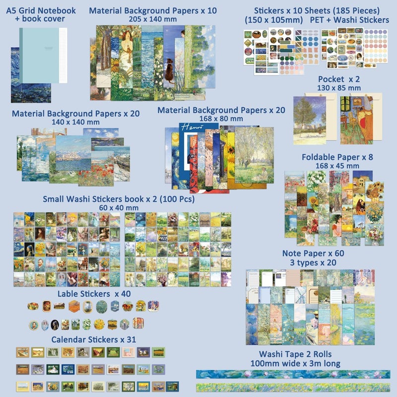 emmoolife Scrapbooking Supplies Kit Plus 480Pcs, Vintage Van Gogh Oil Painting Aesthetic Scrapbook Kit for Bullet Junk Journal, DIY Journaling Supplies, Stationery, A5 Grid Notebook, Craft Gift Kid Girl - Image 2